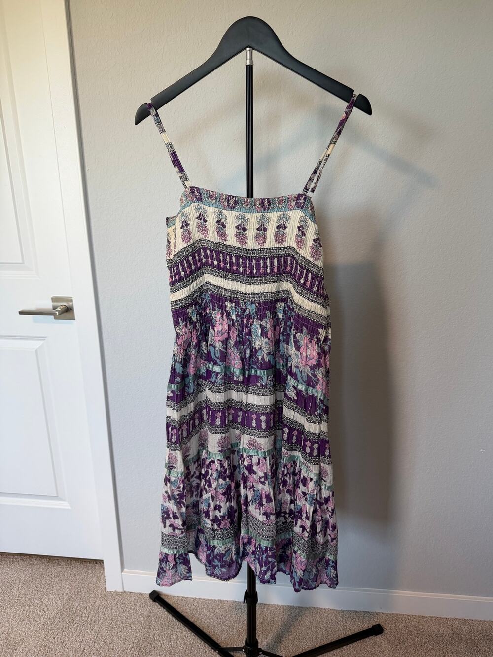PRIYA Boho Floral Smocked Midi Sundress Purple Cottagecore Fairy Prairie Dress